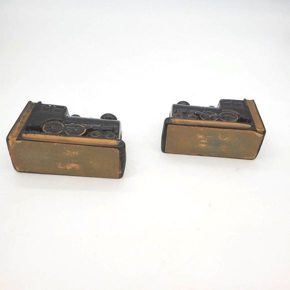 Train Locomotive Bookends Set Redware Japan Hand Decorated VTG Black Shelf  MCM - Picture 4 of 8